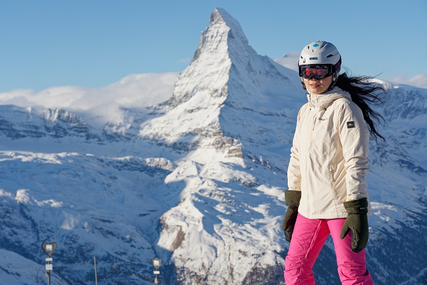 Skiing the Rothorn Area. Friend in front of the Matterhorn. near Zermatt. .