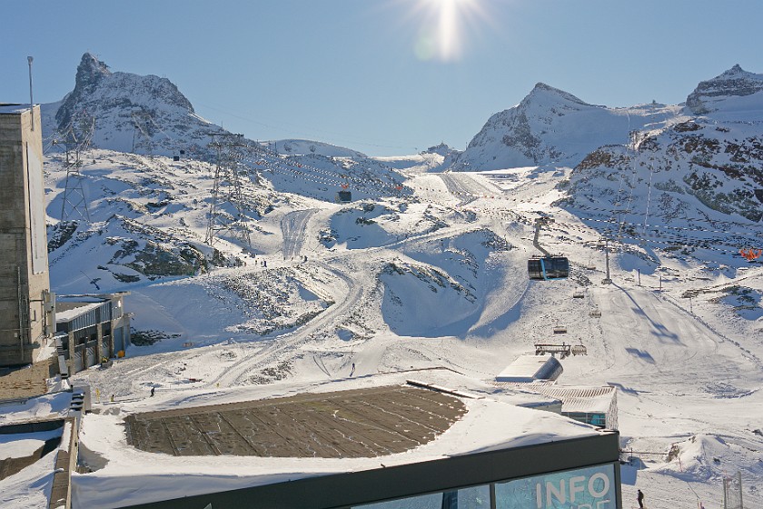 Skiing the Glacier Paradise Area. View from the Trockener Steg station on the Theodulglacier and Klein Matterhorn. near Zermatt. .