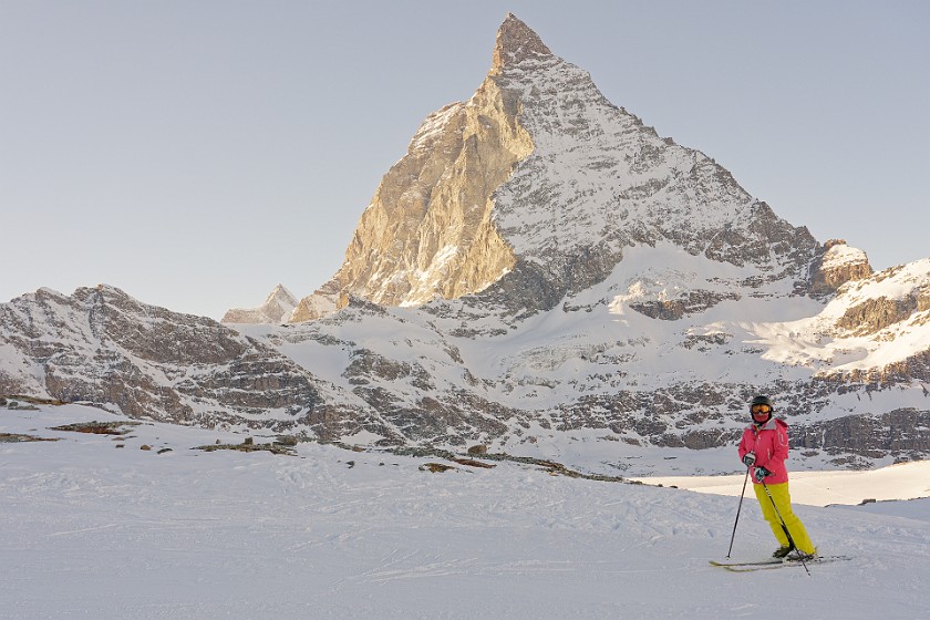 Skiing the Glacier Paradise Area. Portrait in front of the Matterhorn. near Zermatt. .