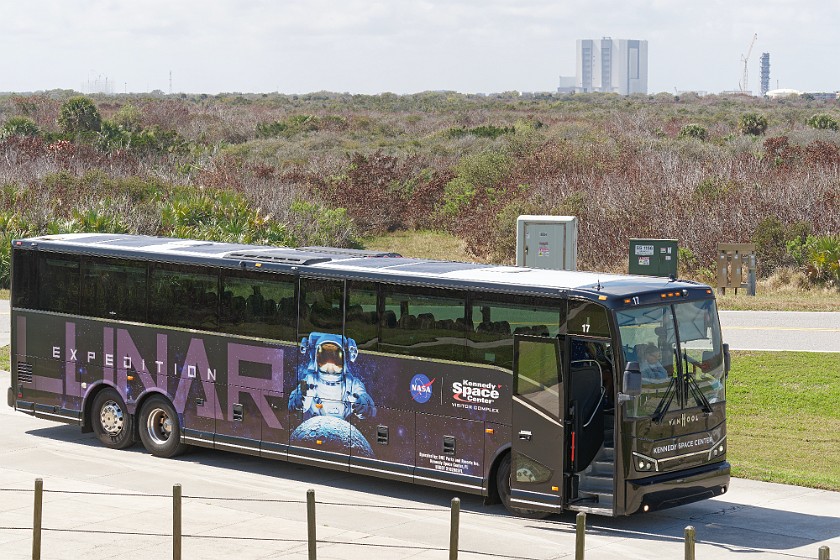 Kennedy Space Center. KSC Explore tour bus and the NASA vehicle assembly building in the background. Merritt Island. .